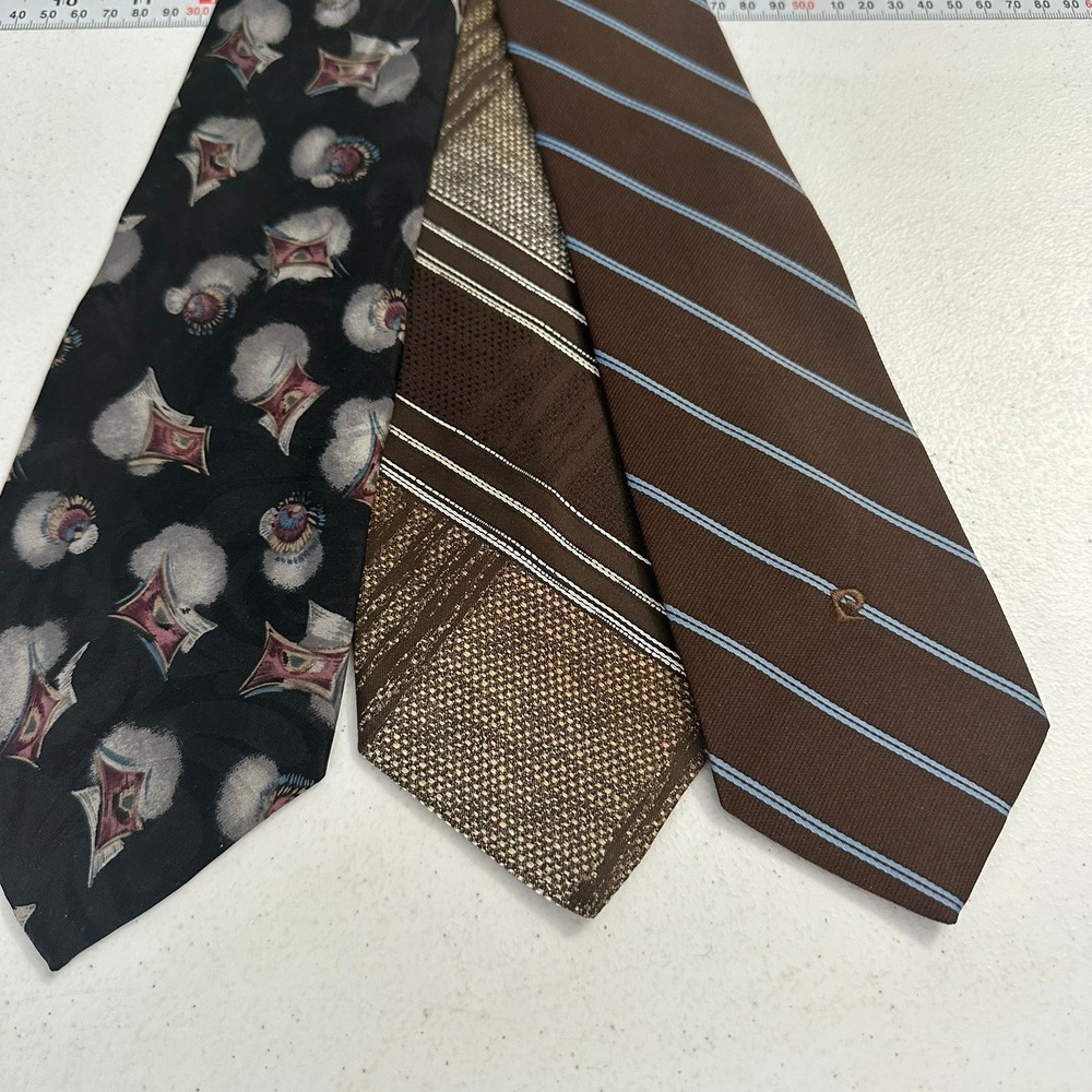 Pierre Cardin Mens Vintage Tie Lot 3pc Brown Black Striped Silk Polyester Bundle